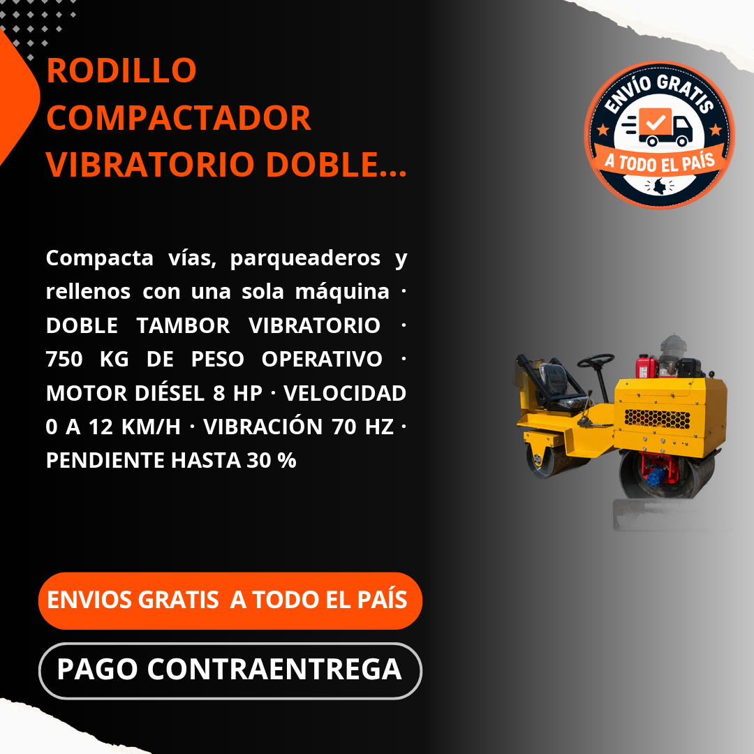 RODILLO COMPACTADOR VIBRATORIO DOBLE TAMBOR 750 KG – MOTOR DIÉSEL 8 HP